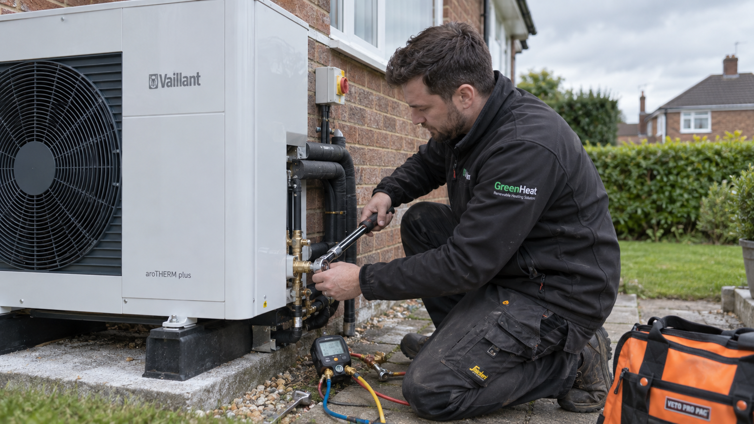 A heating engineer installing an air source heat pump outside a UK home