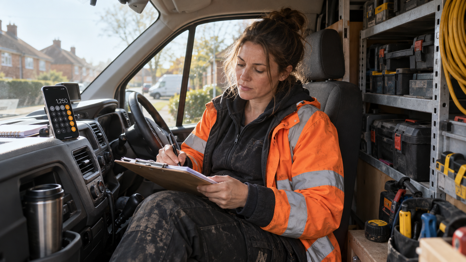 A tradesperson writing a quote in a van with a calculator and notebook