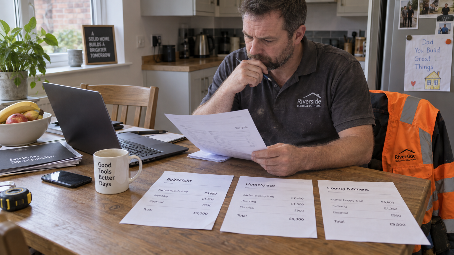 A tradesman comparing website quotes at a kitchen table with a laptop and calculator