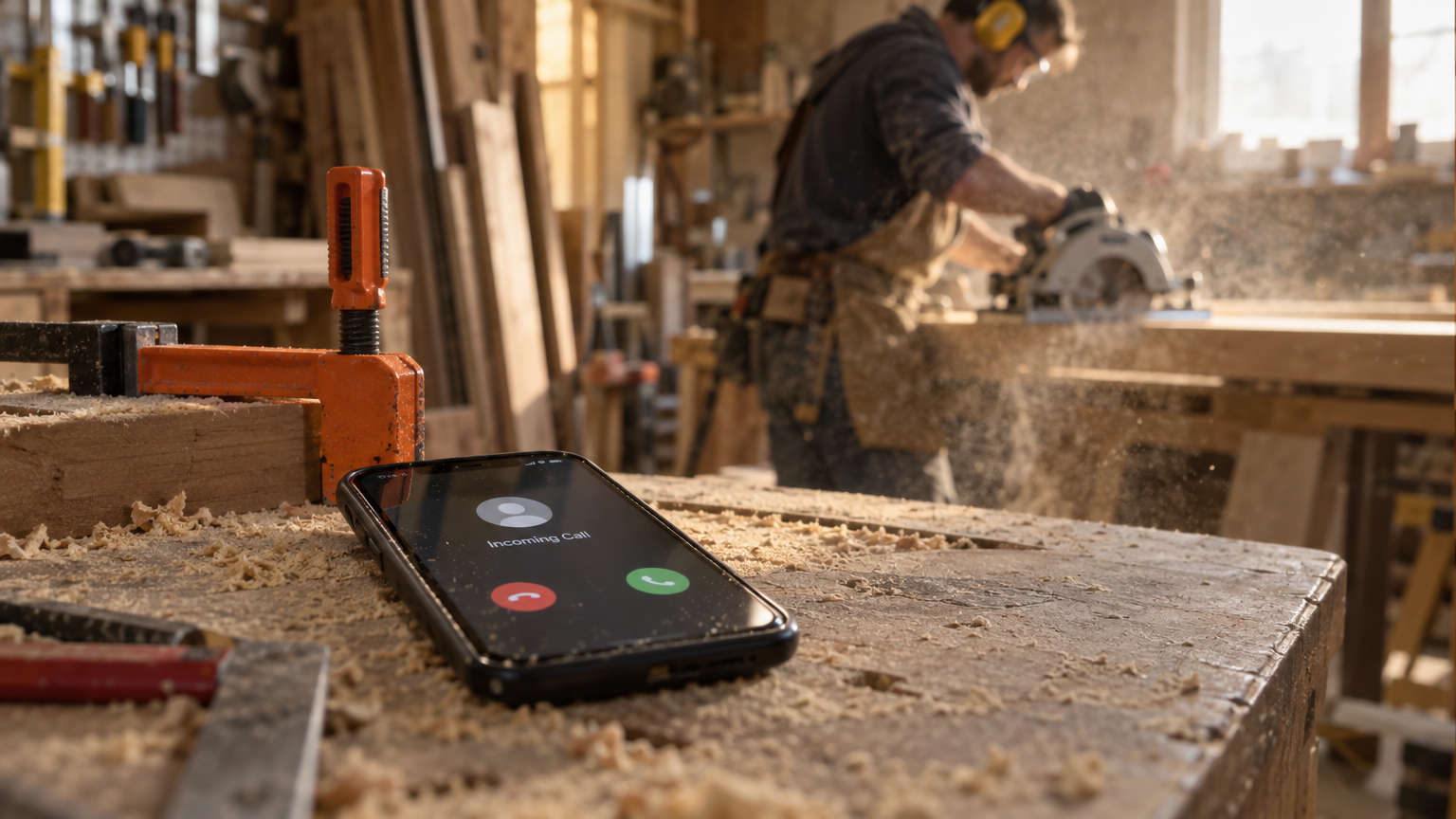 A phone ringing unanswered on a dusty workbench while a tradesman works in the background