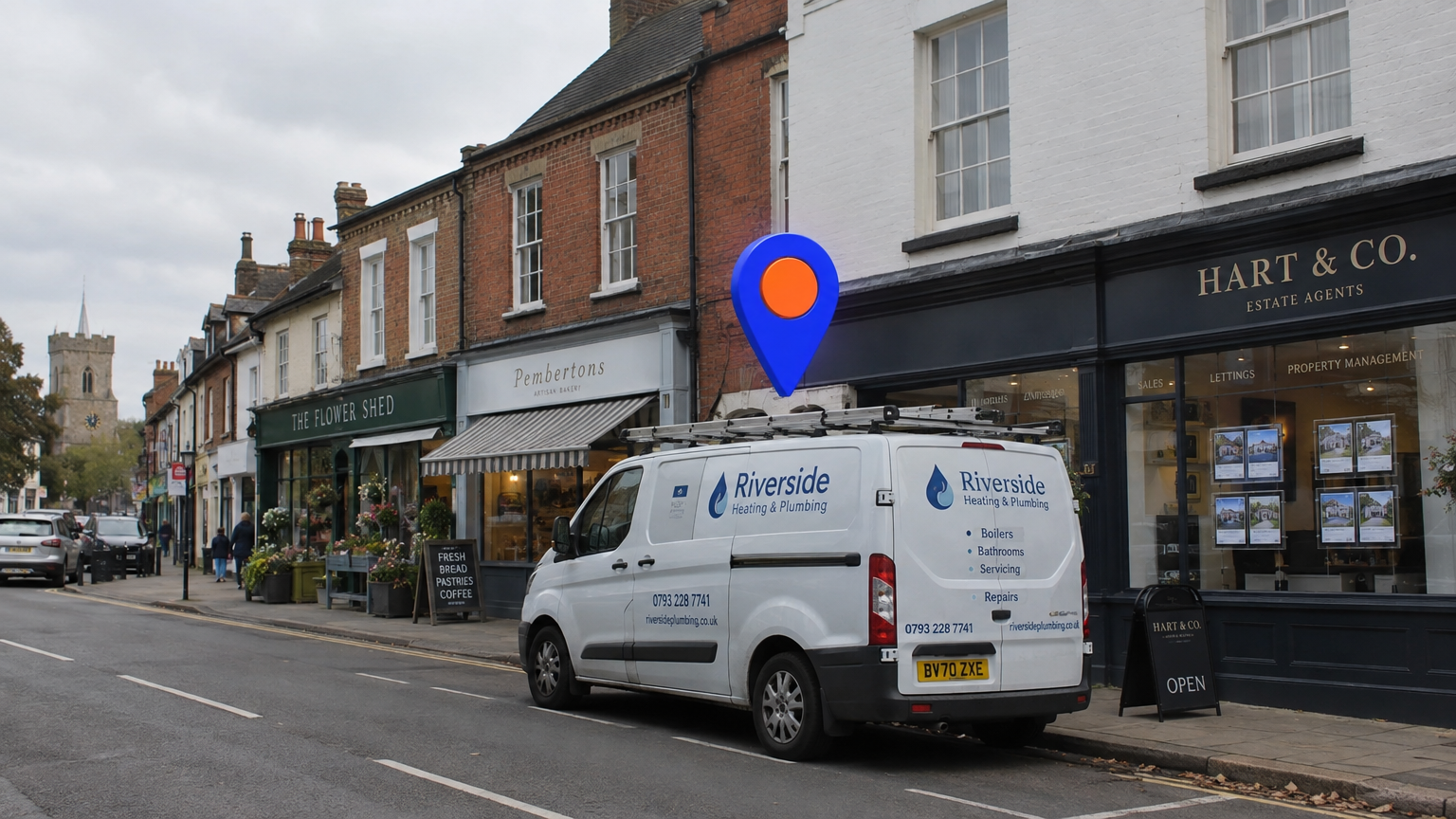 A map pin over a UK street symbolising local search