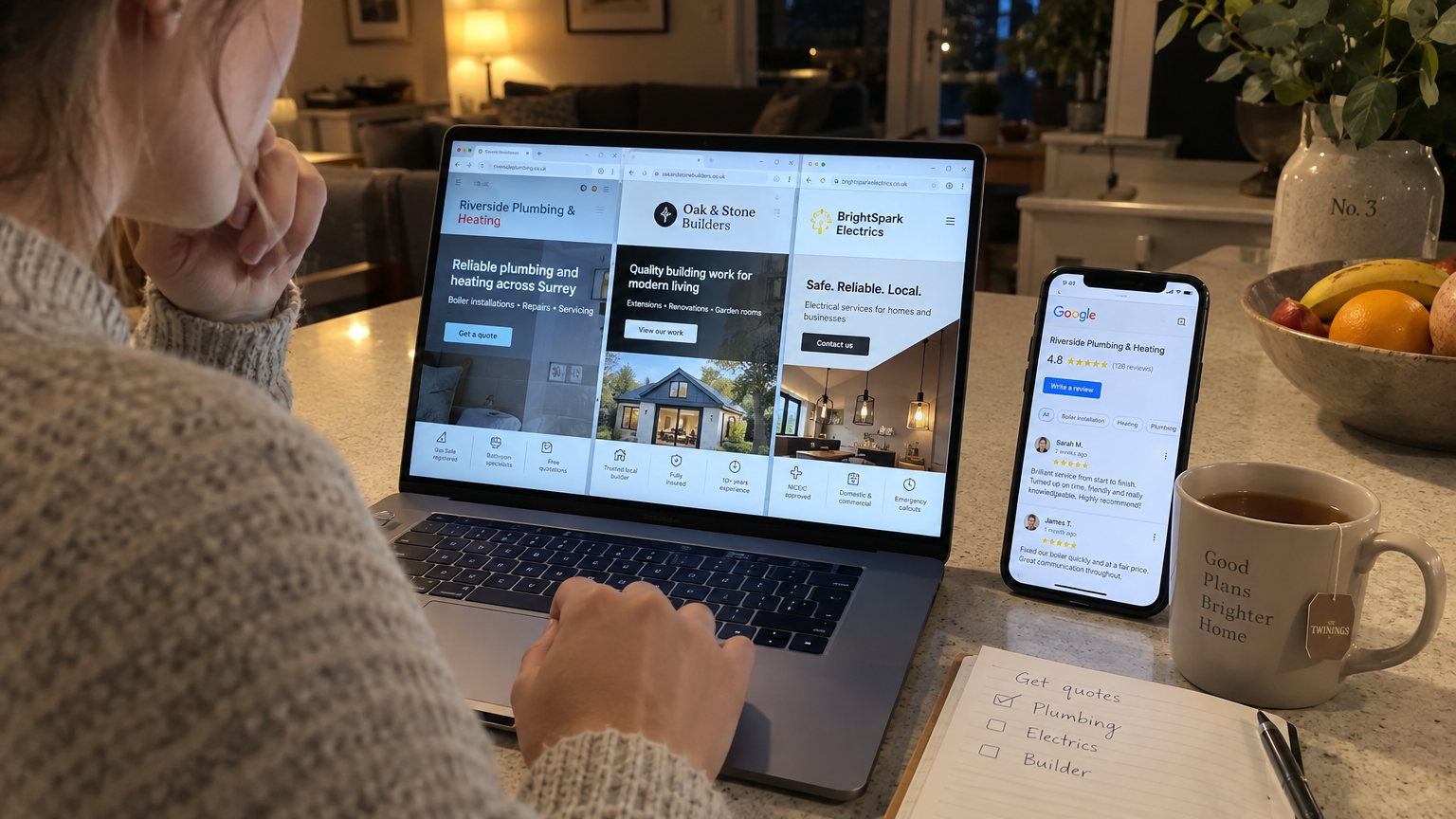 A homeowner comparing tradespeople's websites in multiple tabs on a laptop