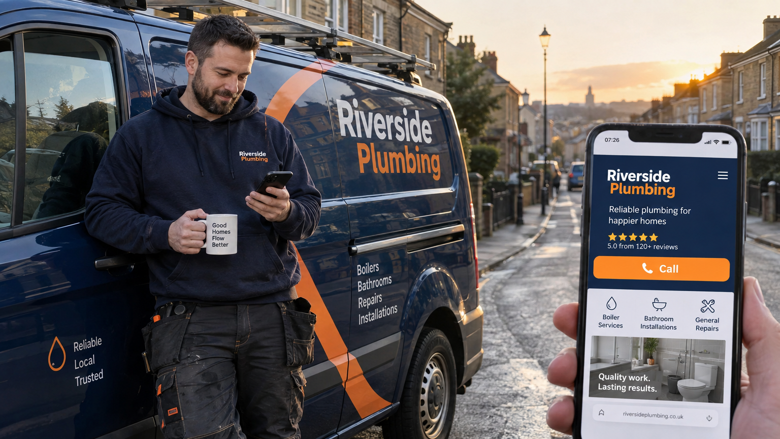 A tradesman's van and phone showing his new website outside a job