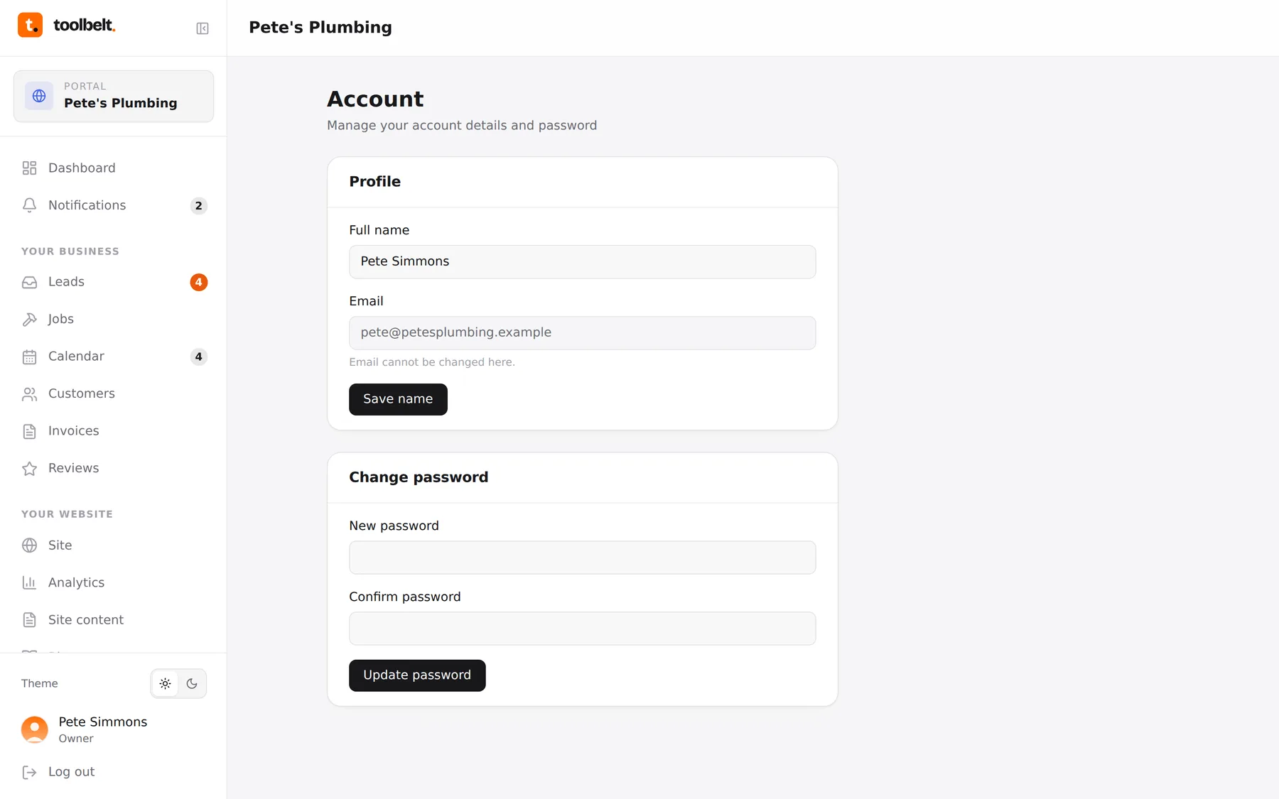 The account area — team roles control what each person sees