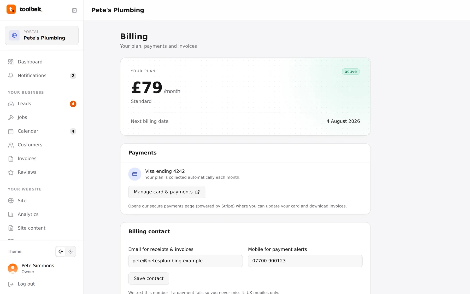 The billing page with plan, price, card on file and invoice history