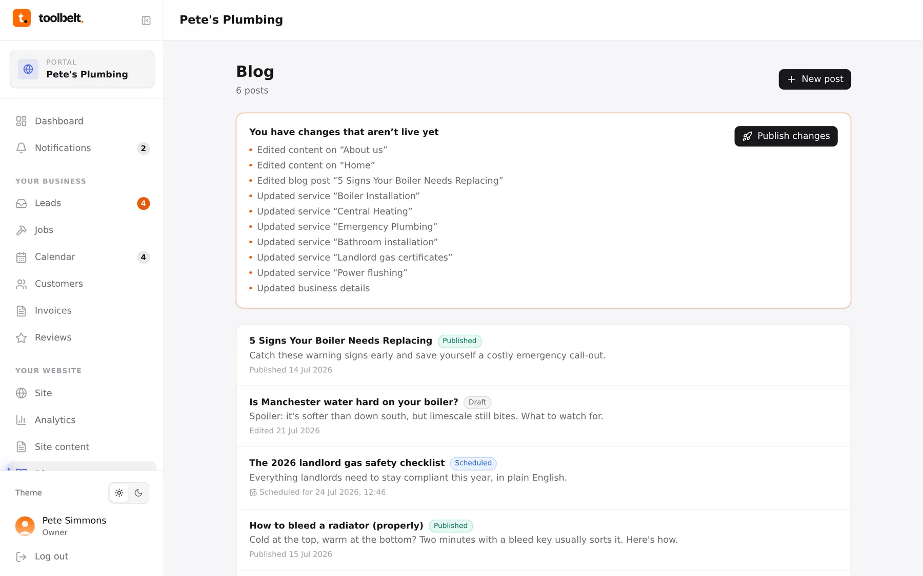 The blog page listing posts as draft, scheduled and published