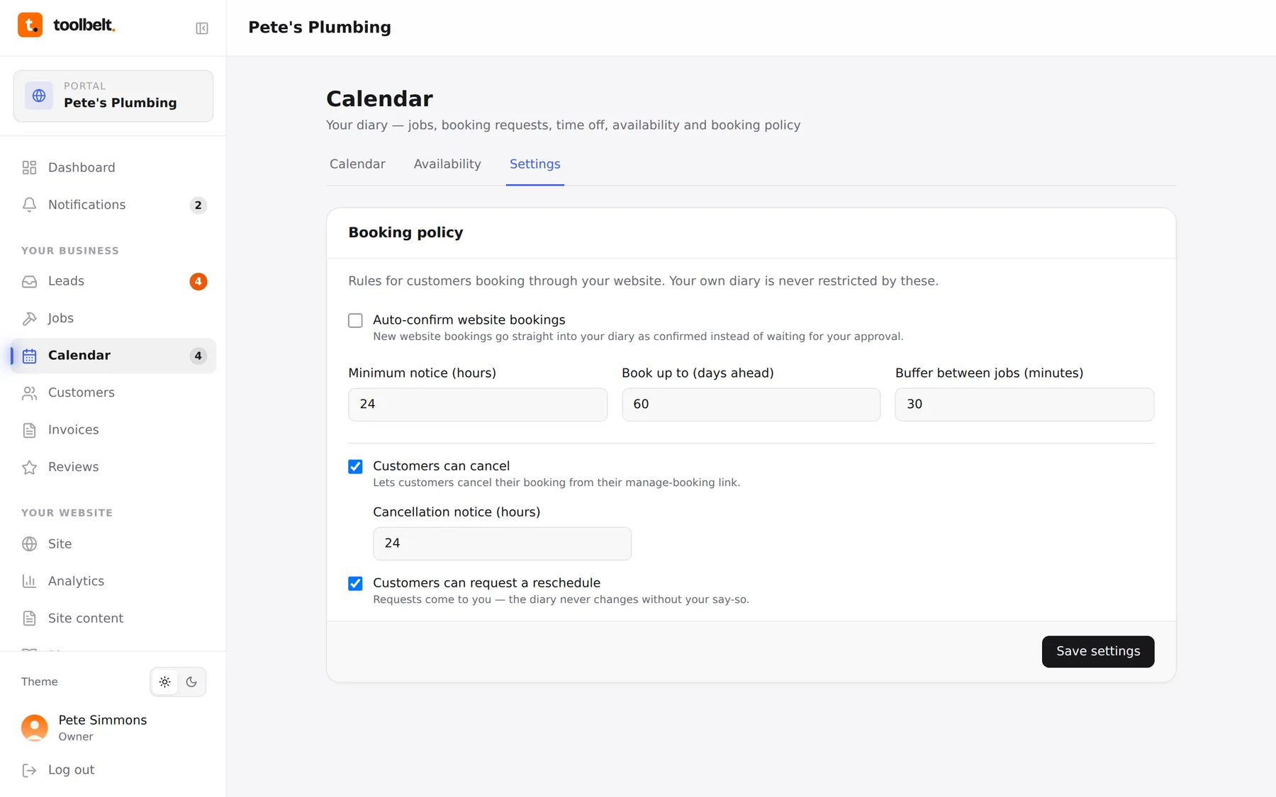 The booking settings tab with notice, buffer and cancellation rules