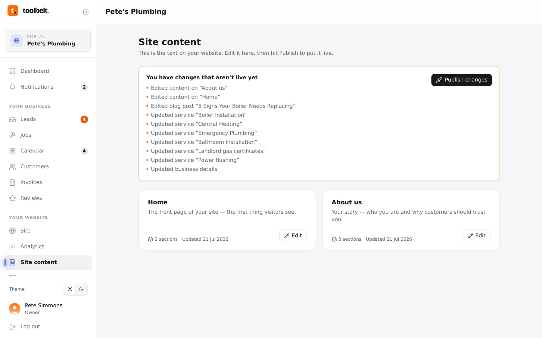 The pending changes card showing edits waiting to go live
