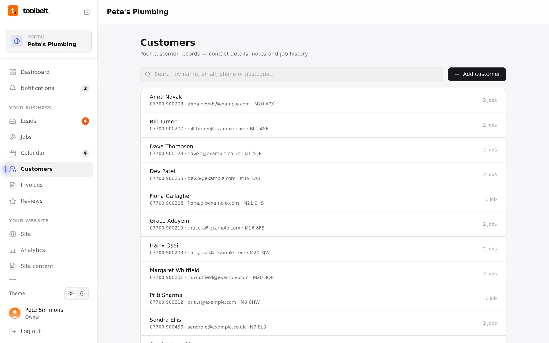 The customers page listing contacts with job counts