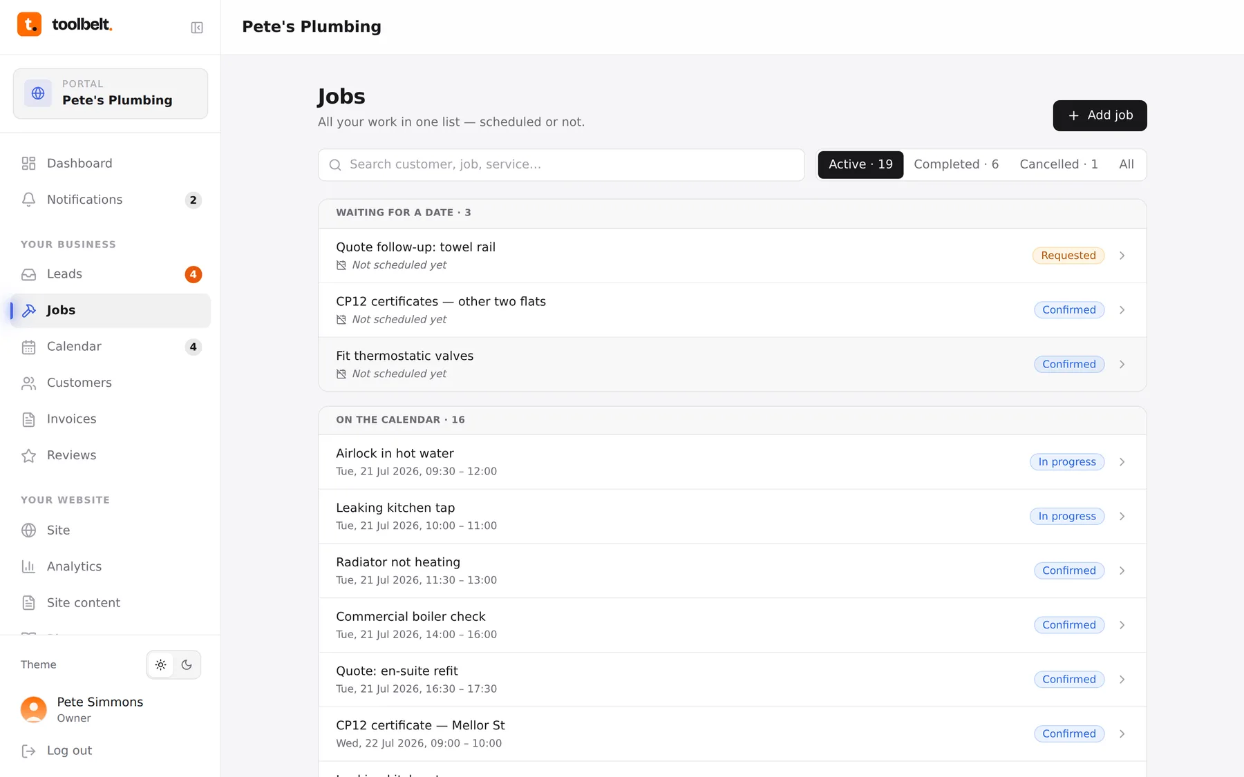 The jobs page with the Add job button