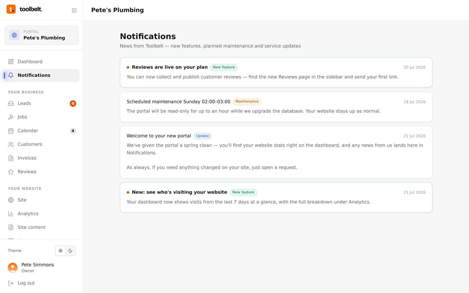 The notifications page listing feature and maintenance announcements