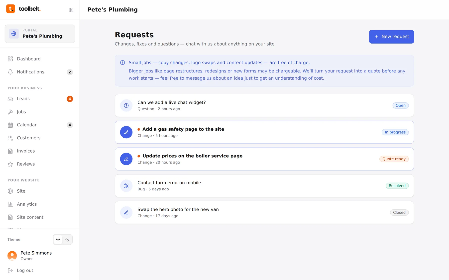 The requests page with open, quoted and resolved threads