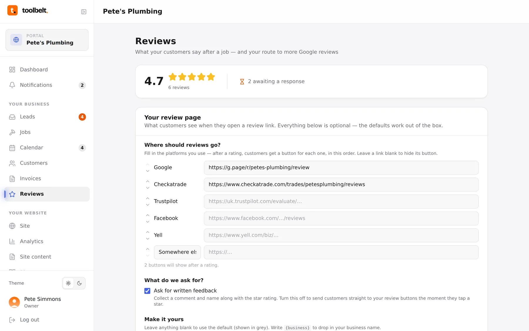 The reviews page — settings live behind the settings button