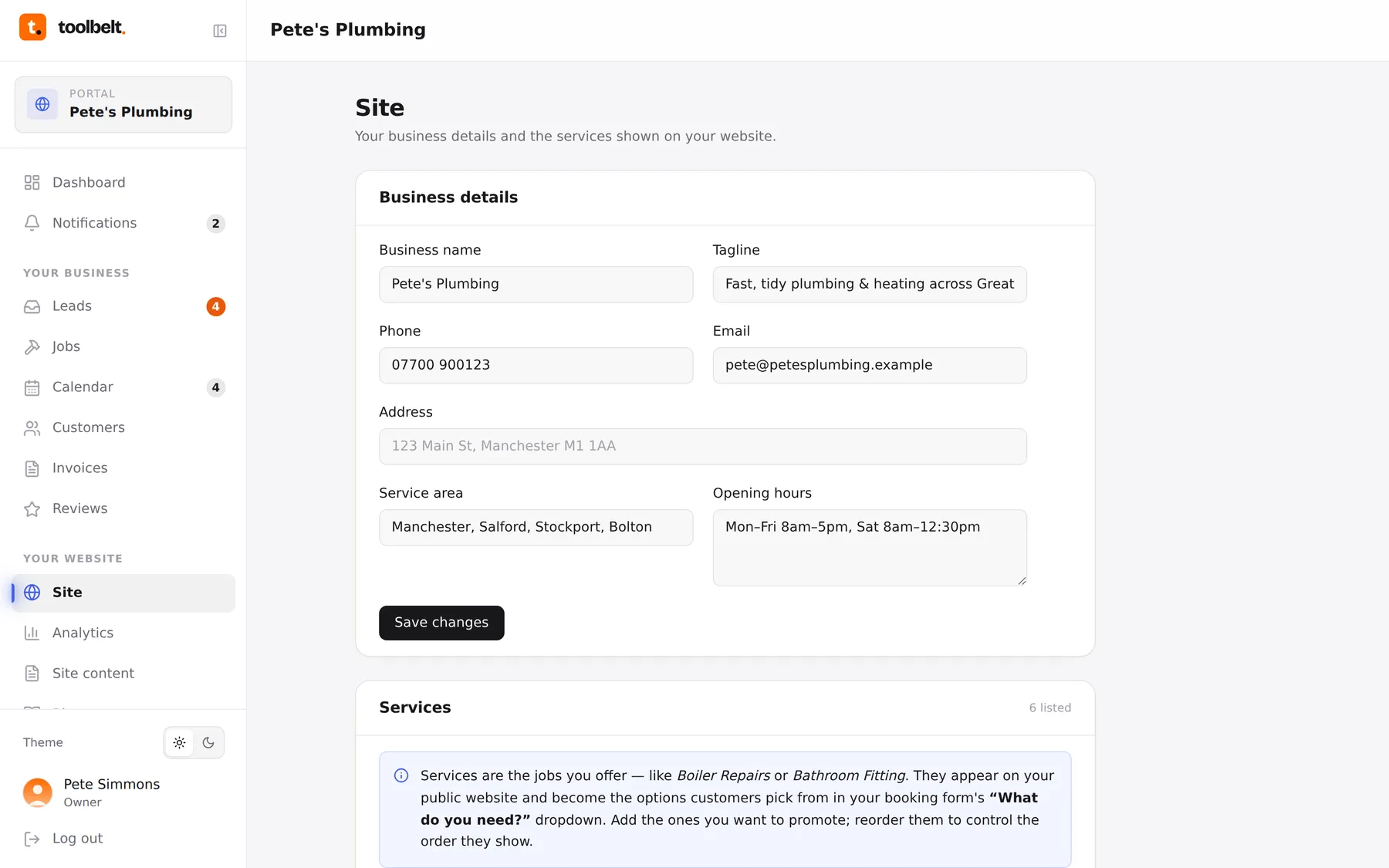 The site page with business details and the services editor